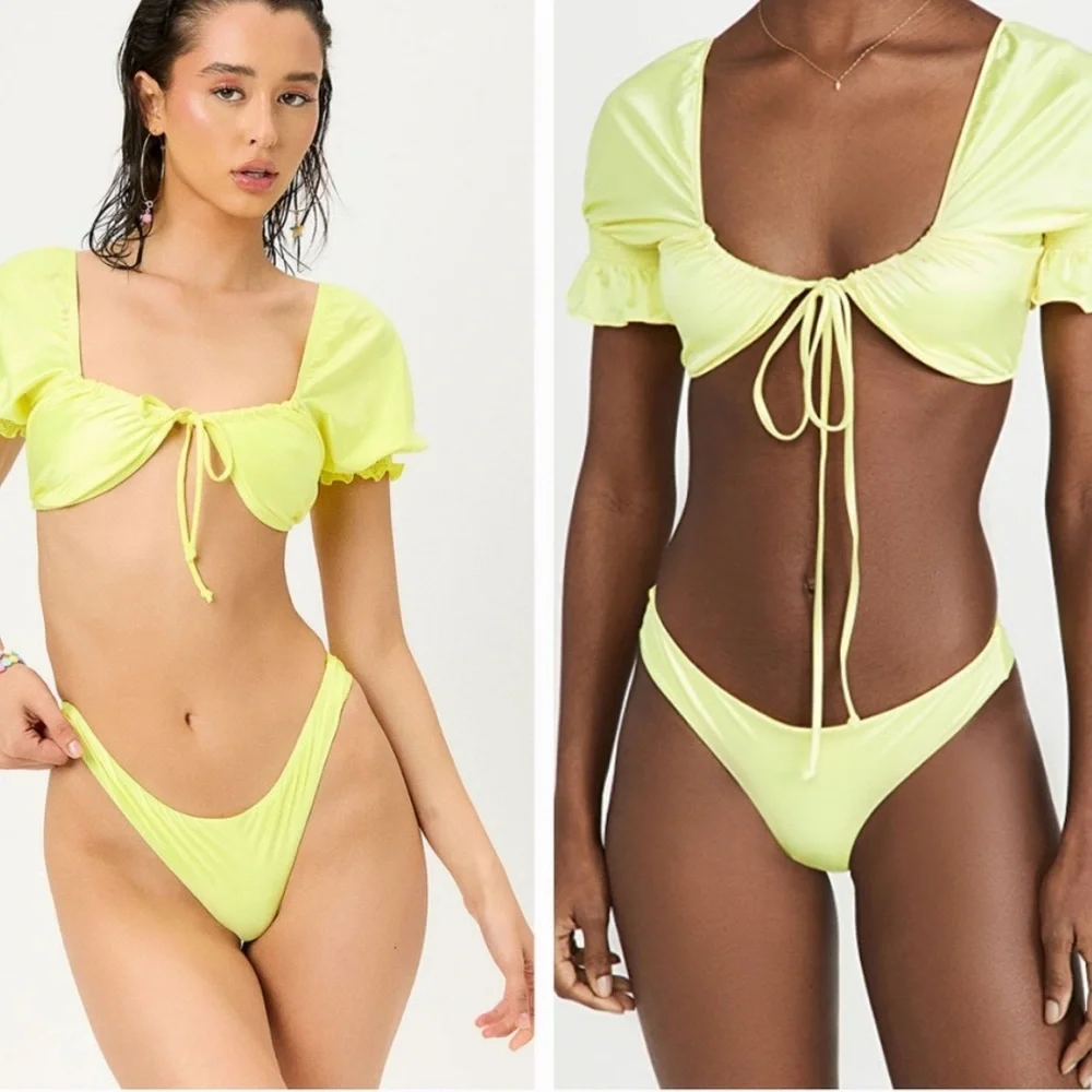 Frankies Bikinis SET NWOT Marina Satin Cheeky Btms(L) Carly Ruffle Satin Top (M)